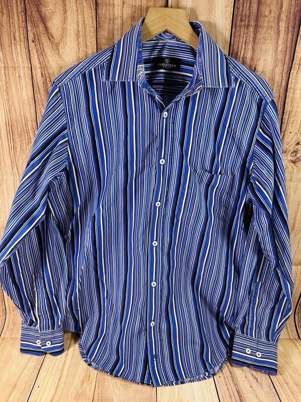 Bugatchi Uomo Shirt Mens MED Blue Striped Button Down Long Sleeve Cotton Medium