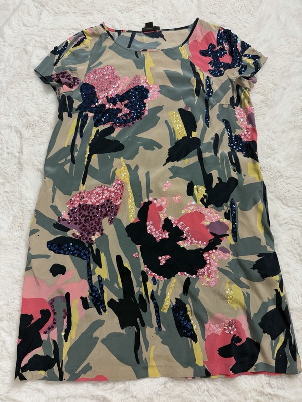 DKNY Beige Floral Sequin Chiffon Shift Dress Scoop Neck Short Sleeve Knee L