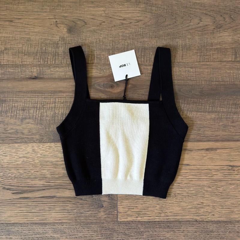 LE BOP Women’s Black & White Cream Colorblocked Knit Tank Top Crop XSmall XS