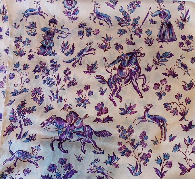 Vtg Silk Shikargah/Hunting Scene Scarf Purple/Ivory 45 x 14", Rolled Edges, Read gallery