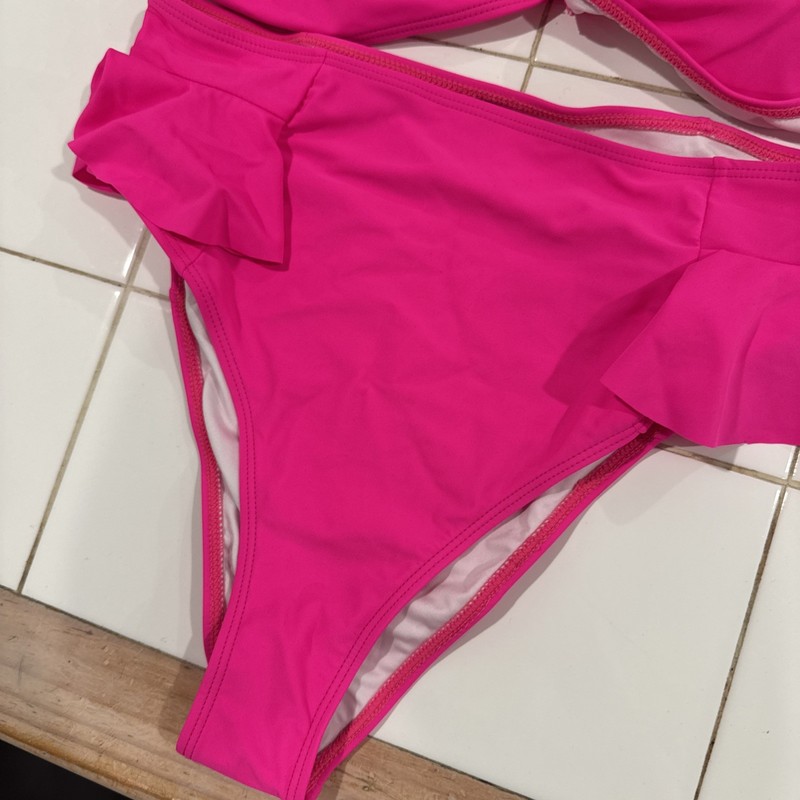 SPORLIKE Women Ruffle High Waist Swimsuit Bikini Pink Size Large gallery