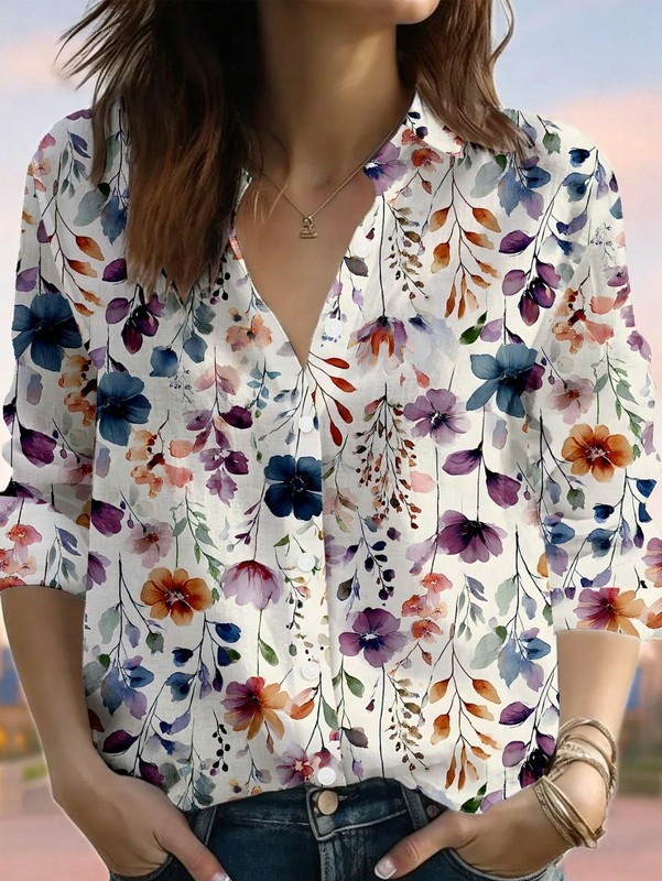 Boho Wildflower Print Women Blouse Spring Garden Vacation Casual Mom Gift Top