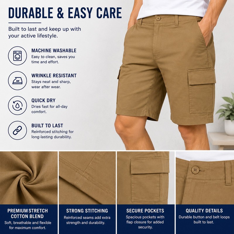 Men’s Super Stretch Cargo Shorts with Button Closure and Zipper Pockets (30-42) gallery