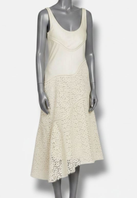 Jil Sander Women's Ivory Floral Lace Asymmetric Midi-Dress Size 38 gallery