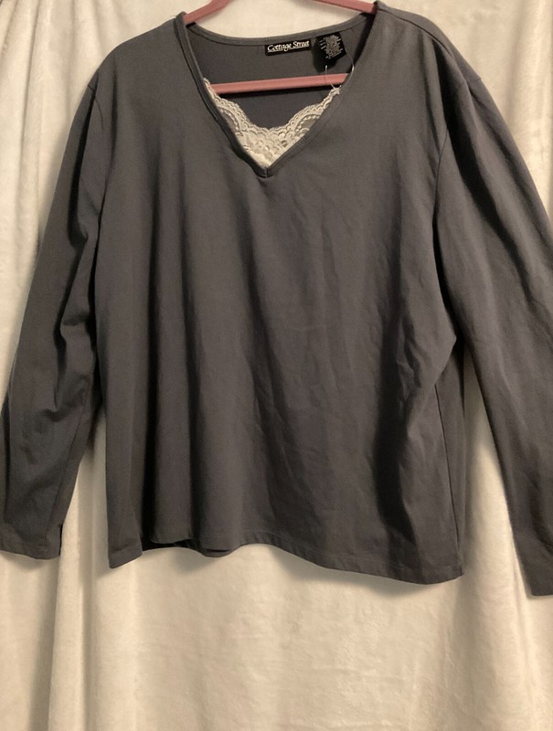 Cottage Street Plus Gray Cotton Algodon Polyester Lace V Neck Long Sleeve Top