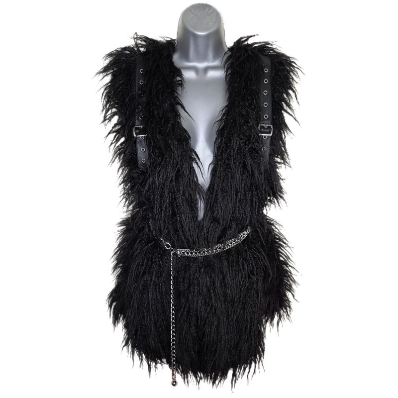 Killstar Black Faux Fur Shag Vest with Chain Belt