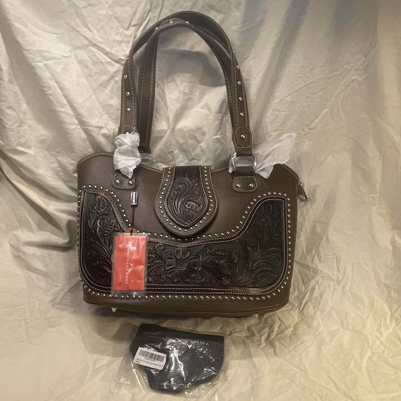 Montana West Brown Western Tooled Floral Studded Satchel zip top w/ gun holster