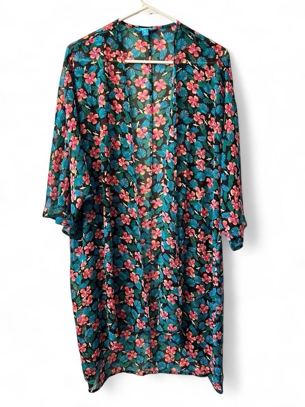 L’Amour Nanette Lepore XL Tropical Floral Kimono Cover Up Sheer Open Front Boho