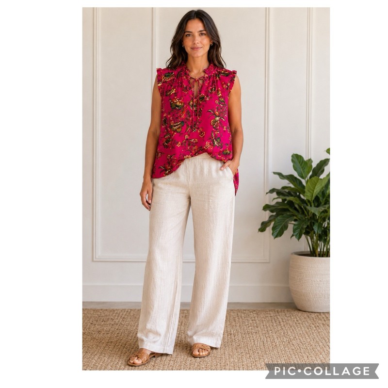 Rachel Rachel Roy Floral Ruffle Neck Sleeveless Blouse Pink Multi Tie Neck XL
