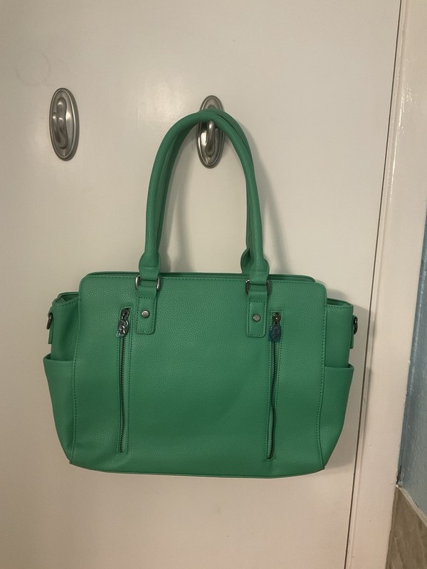 DAPHNE Green Medium Satchel Top Handle Zip Turn Lock Pockets Lined Silver gallery