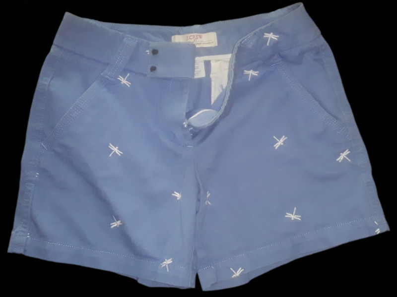 J.CREW BLUE CHINO SHORTS. Stitched Dragonfly Embroidery. 100% Cotton. SIZE 0