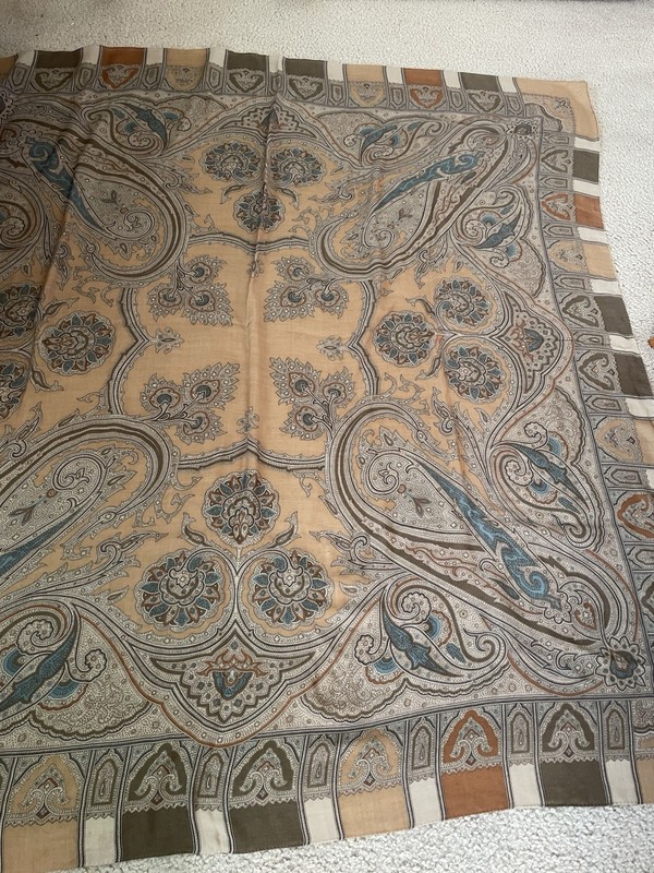 Classic Taupe-Teal-Ochre Pattern Lightweight Wool Woven Scarf 50 x 50 Inches