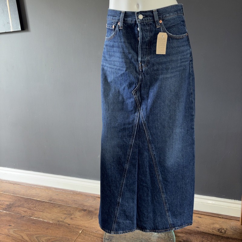 Levi's Iconic Long Skirt Size W28 Mid Rise Mid Blue Side Slit BNWT RRP £100 gallery