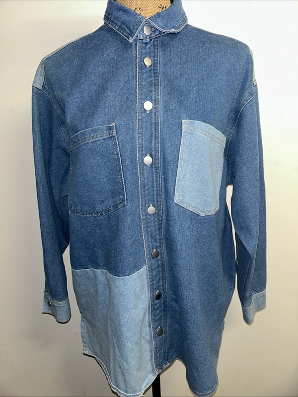 Sunny Girl Womens S/M Long Sleeve Denim Button Up Top Shirt Shacket Two Tone VGC