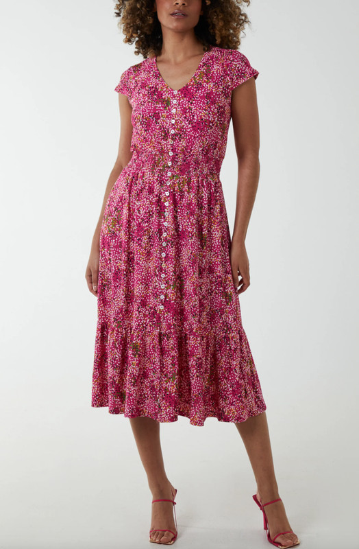 New Women Pink Ditsy Floral Front Buttons Through Midi Dress. UK 8 10 12 14 16