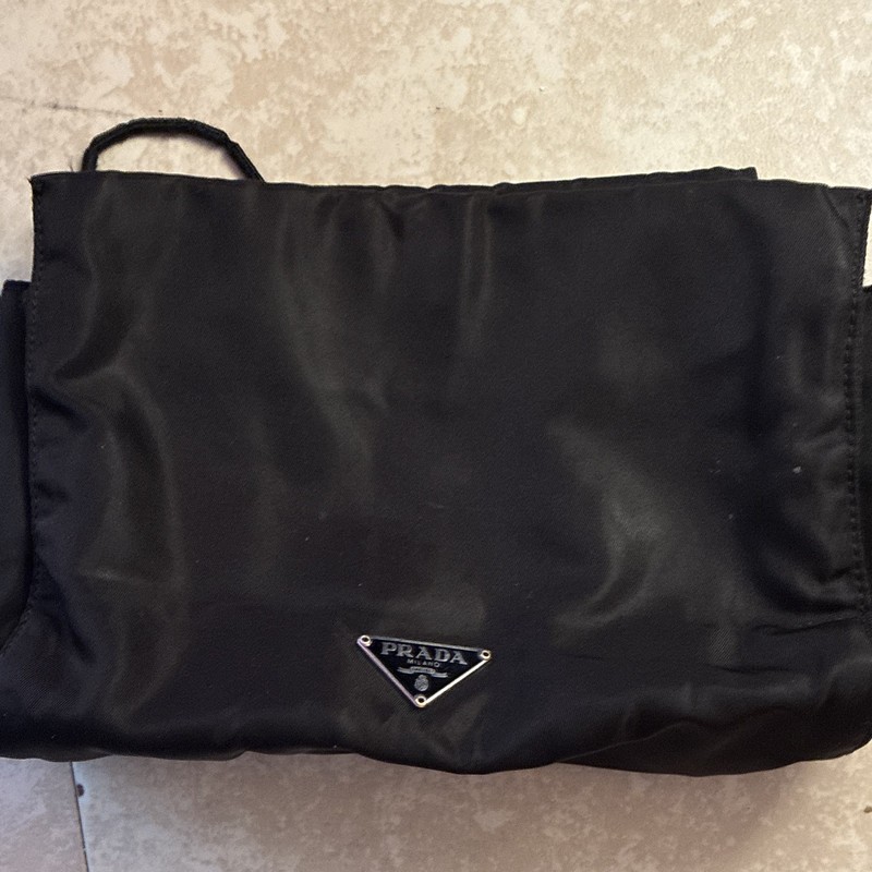 PRADA Black Small Clutch Wrist Strap Snap Closure Logo Plaque Pouch Bag
