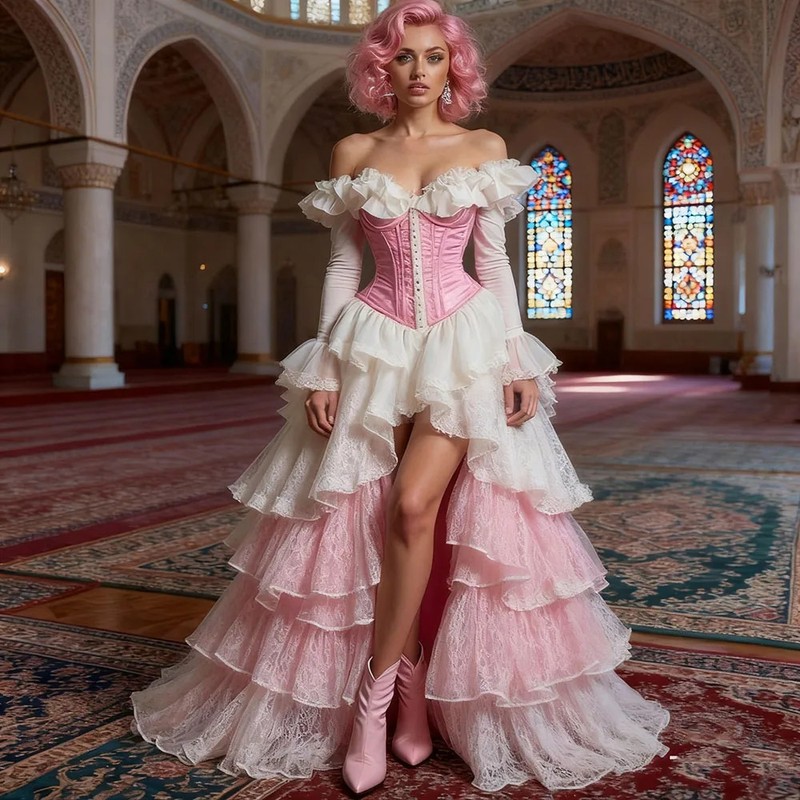 Pink White Off Shoulder Corset Tiered Lace High Low Prom Party Evening Dresses
