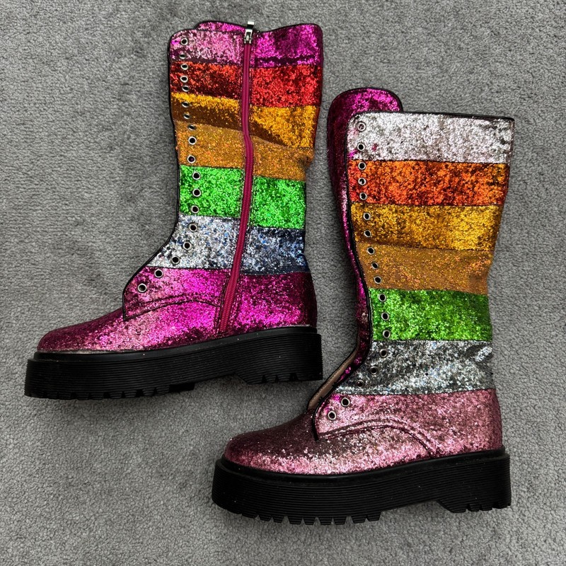 Unbranded Rainbow Glittered Striped Combat Boots Womens 9 Mid Calf Embellished