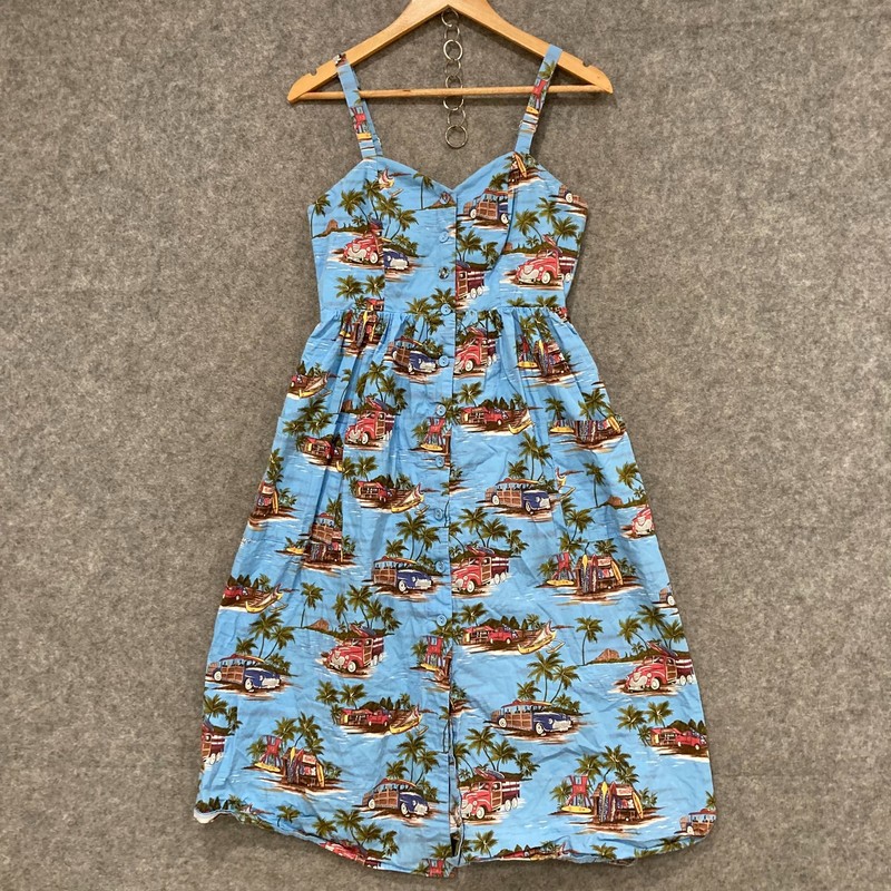 Sunny Girl Womens Dress Size 10 Blue Sleeveless Cotton Pockets A-Line 44328