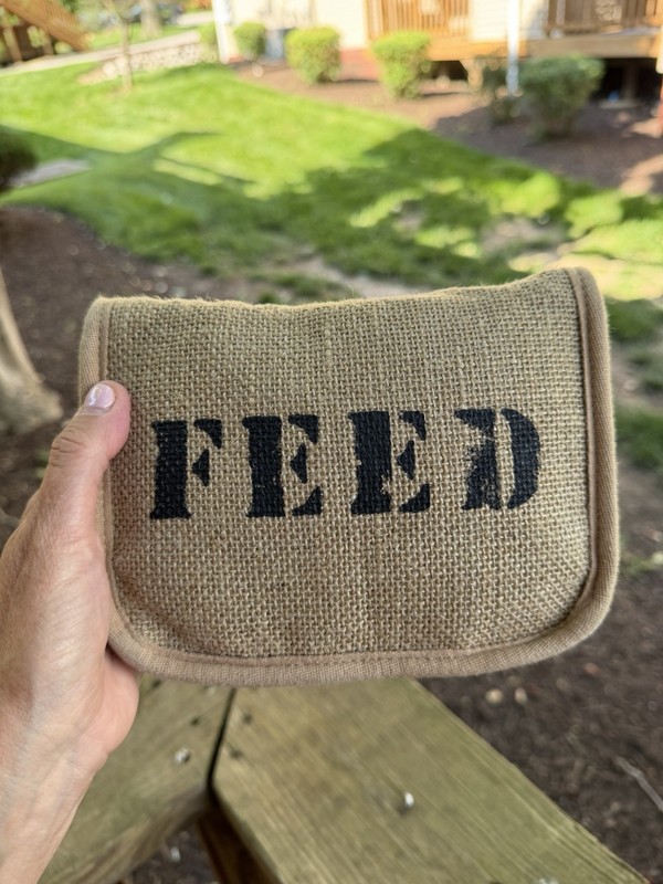 FEED 25 Packable army green burlap zip tote logo hippie indie distressed