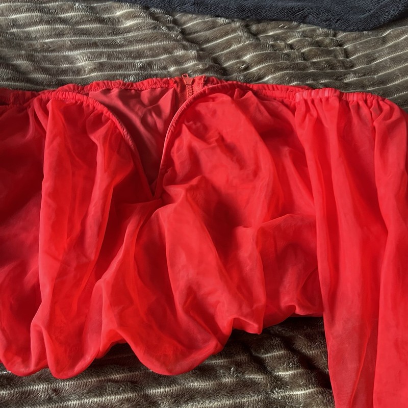 Red Sheer Chiffon Sweetheart Puff Long Sleeve Ruched Cropped Blouse Plus 3XL gallery