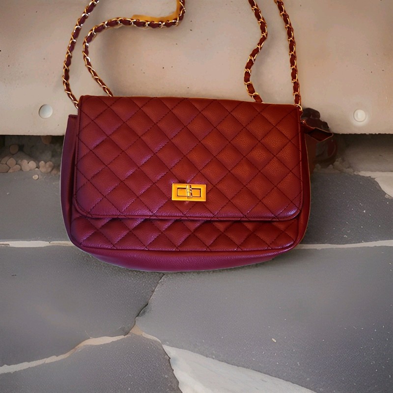 Burgundy Quilted Shoulder Bag Gold Chain Strap Turn Lock Zip Closure Pockets