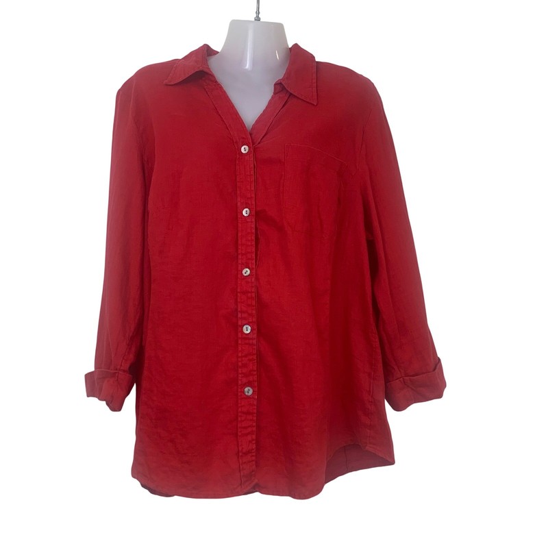 Dressbarn Woman Red 100% Linen Button Down Shirt Plus Size 18/20W Relaxed Fit