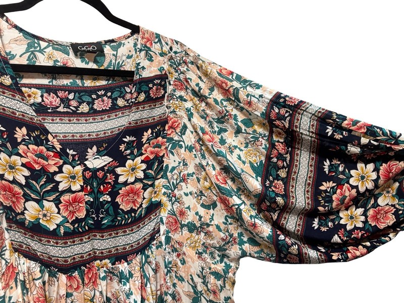 Boho Patchwork Floral Midi Dress Puff Sleeves V-Neck & Side Pockets Sz L Hippie