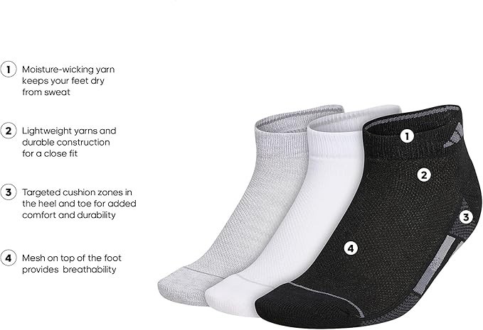 3 Pair Adidas Superlite Low Cut Socks, Women's Shoe Size 5-10, Black White Gray gallery