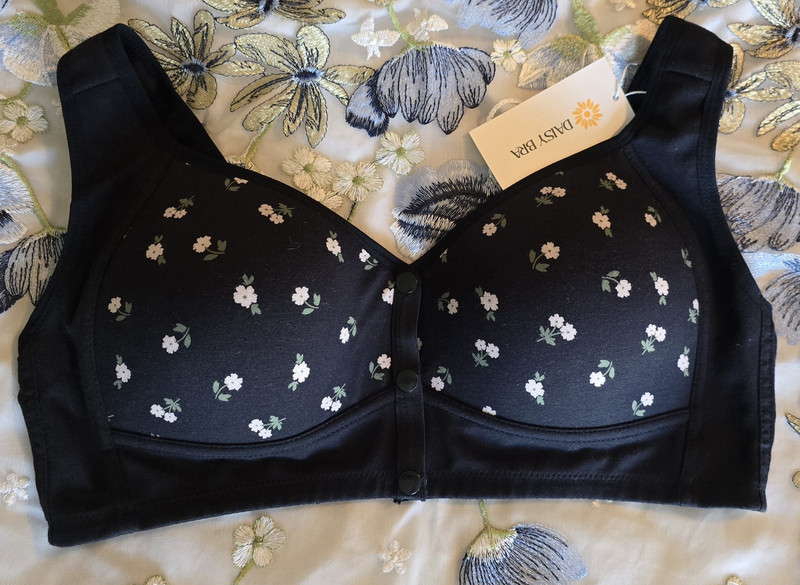 DAISY BRA Black Floral Wireless Bralette XL Wide Strap Snap Front Closure