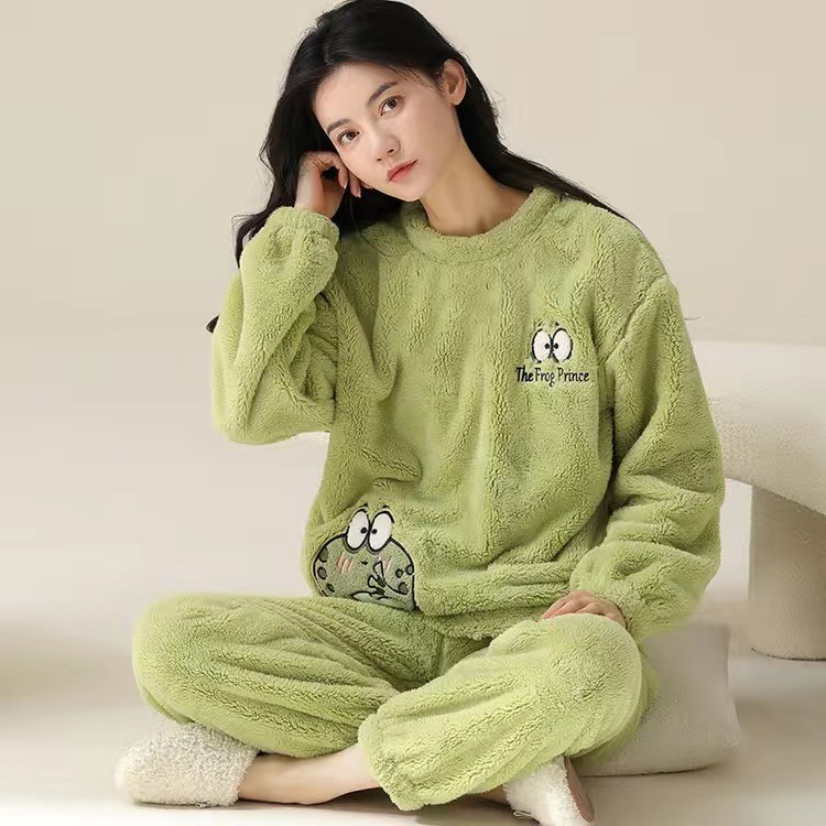 Women Pajamas Thick Coral Velvet Long Sleeve Flannel Cartoon Cute Girl Sleepwear