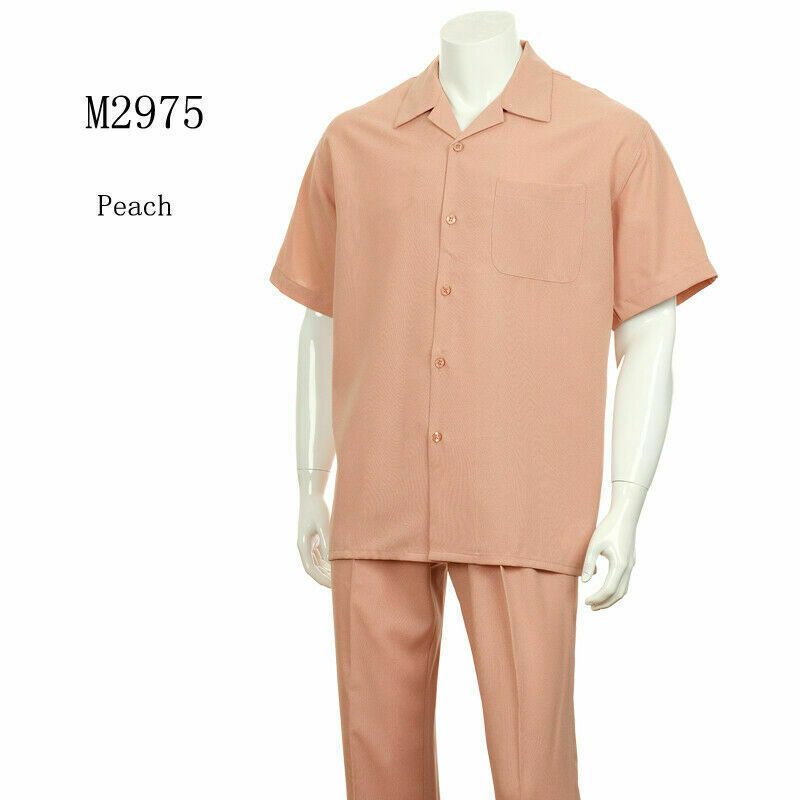 New Men's 2pc Walking Suit Short Sleeve Casual Shirt & Pants Set Solid M2954 . gallery