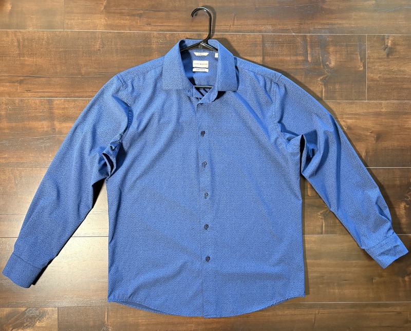 Lucky Brand Slim Fit Blue Geometric Stretch Dress Shirt L 16/16.5 34/35
