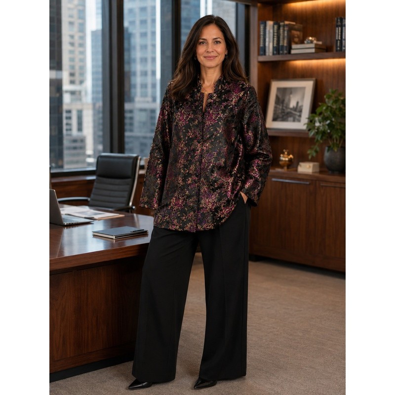 Womens Floral Brocade Mandarin Collar Jacket Black Purple Gold Evening Blazer
