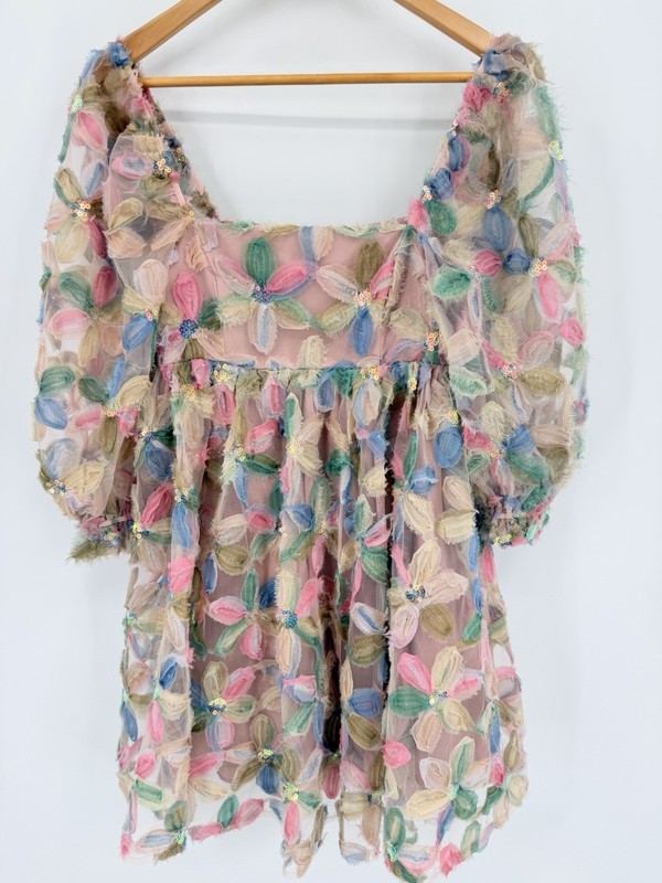 Storia Stacy Sequins Floral Sz S Babydoll Dress Puff Sleeve Colorful Wedding gallery