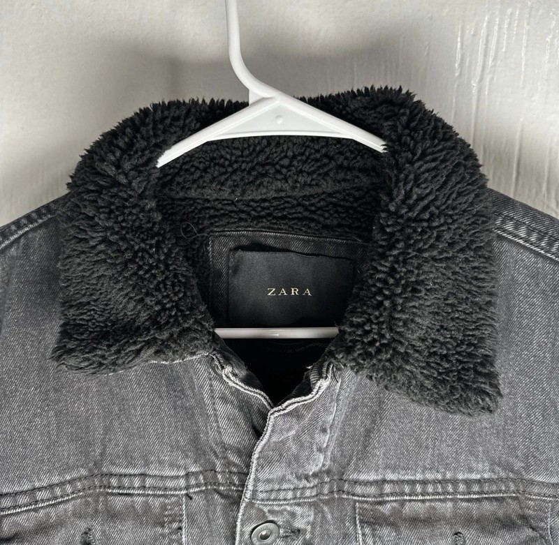 Zara Men’s Gray/Black Sherpa Lined Denim Jacket Button Front Spread Collar S gallery