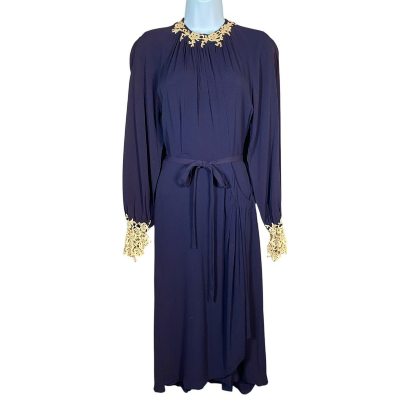 Vintage 60s Midi Dress XXS/0 Victorian Edwardian Romantic Prairie Navy Lace Trim