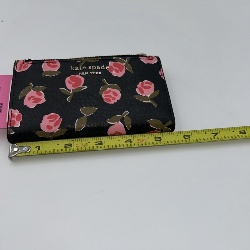 NWT Kate Spade Black W/ Pink Roses DITSY ROSE Print Spencer Slim Bifold Wallet