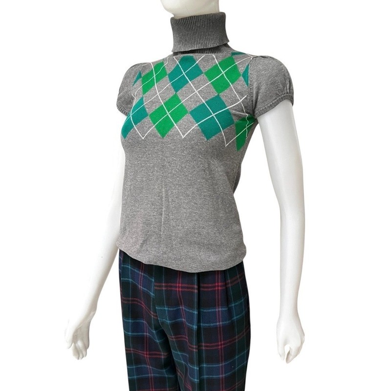 Vintage Y2K Argyle Turtleneck Cap Sleeve Knit Top Green Sz S Preppy Mod Clueless gallery