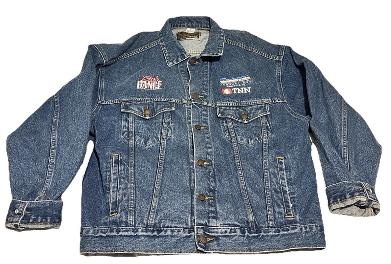 Vintage 90s Club Dance C&W TNN Nashville Network Cine Tel Blue Denim Jacket L