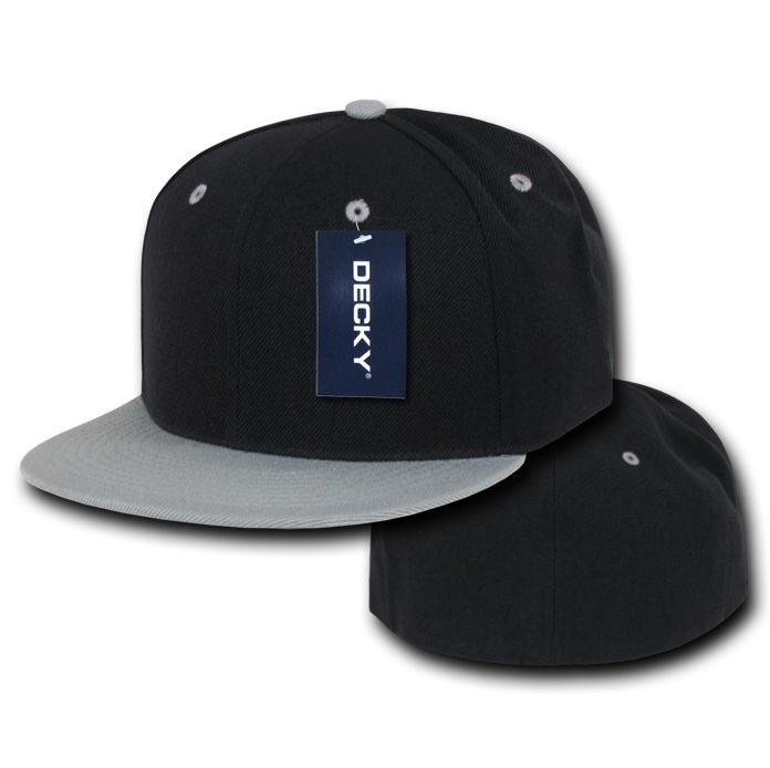Black & Gray Fitted Flat Bill Plain Solid Blank Baseball Ball Cap Caps Hat Hats