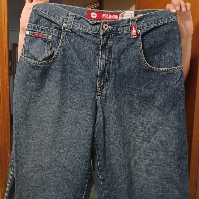 JNCO Men’s Blue Denim Wide-Leg Relaxed Fit Jeans Crown Embroidered 36 gallery