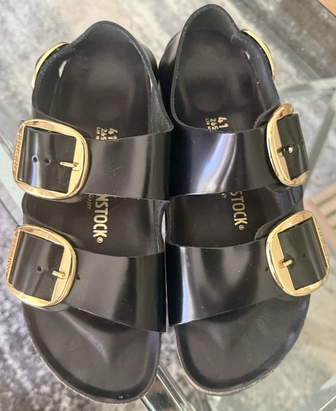 Birkenstock Milano Black/Gold Patent Leather Big Buckle Sandals Women’s US 10 M
