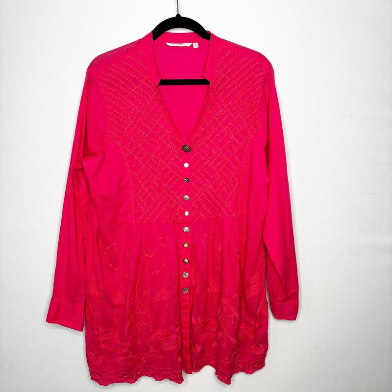 Soft Surroundings Hot Pink Embroidered Mixed Button Front Tunic Top Size XL gallery