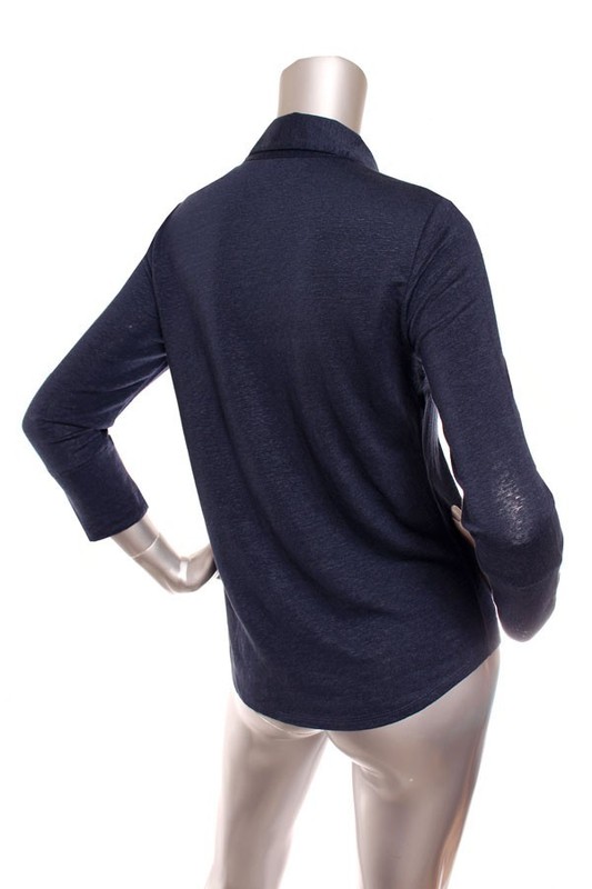 NEW Women J. McLaughlin Brynn Linen Stretch 3/4 Sleeve Button Down Shirt Navy gallery