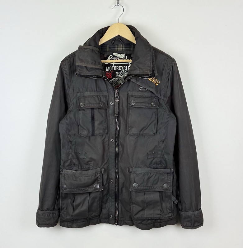 Superdry Black Hawk Waxed Cotton Jacket Men’s Size L Gray Biker Motorcycle Coat
