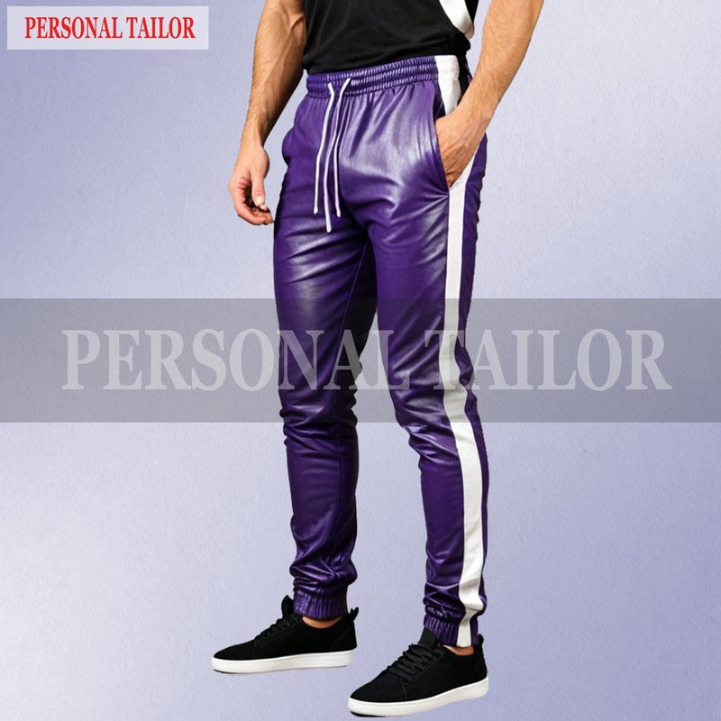 Men’s Lambskin Purple Leather Jogging Trouser Sweat Pants Wide Stripes Trousers