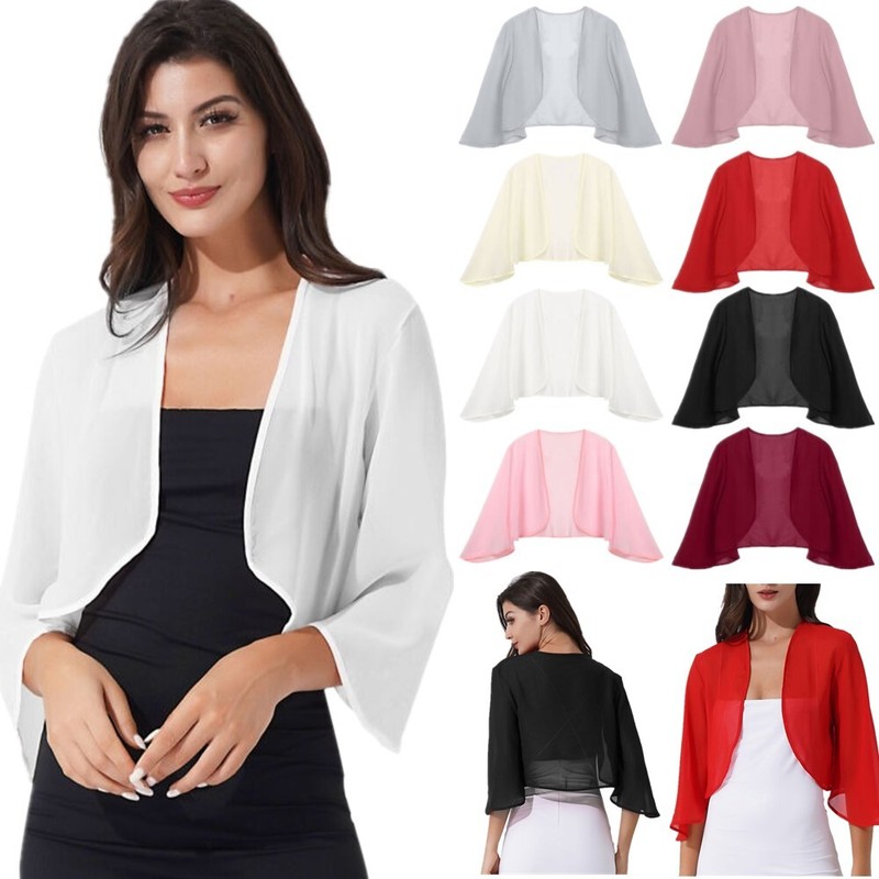 US Women's 3/4 Sleeve Shrugs Cropped Cardigan Chiffon Bolero Open Front Jacket gallery