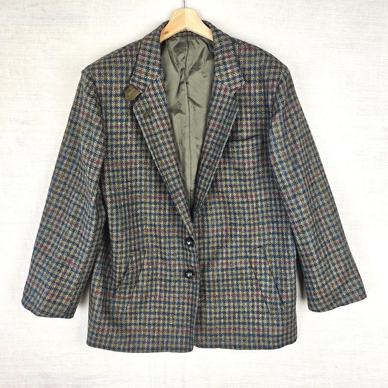 DAKS Signature Womens Tweed Blazer Jacket UK16 Green Blue Beige & Red Wool Check