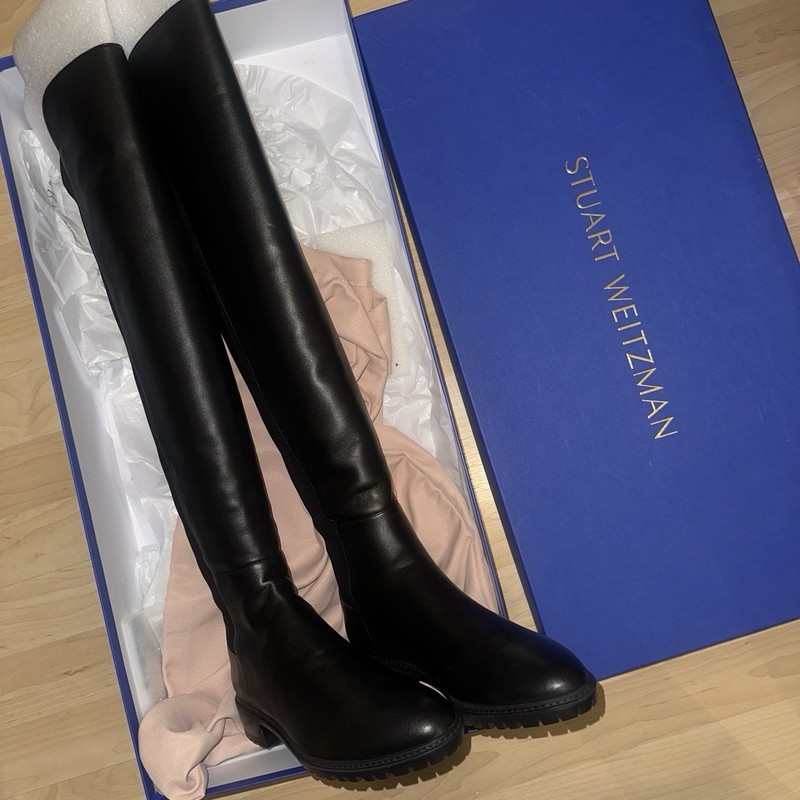 Stuart Weitzman 5050CITY Black Over the Knee Pull-On Stretch Leather Boot Size 8